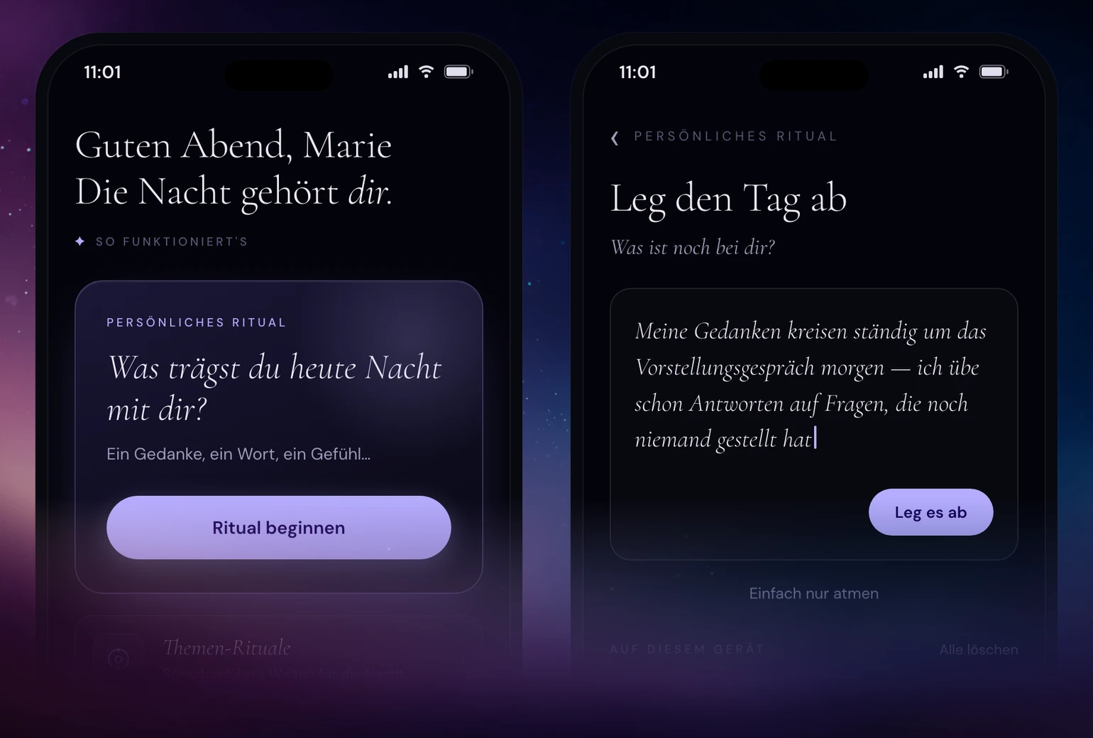 Zwei Tonight-App-Screens nebeneinander: der Startbildschirm und der One-Thought-Screen, auf dem du einen kreisenden Gedanken ablegst