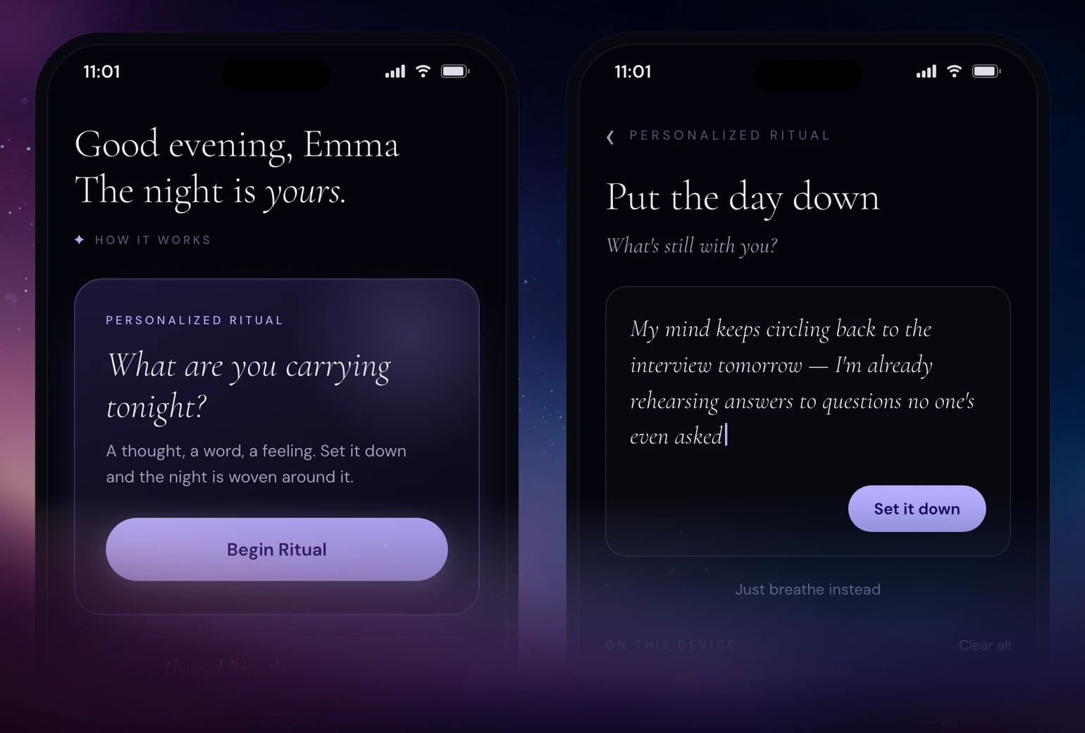 Two Tonight app screens side by side: the home screen, and the One Thought screen where you set down a racing thought
