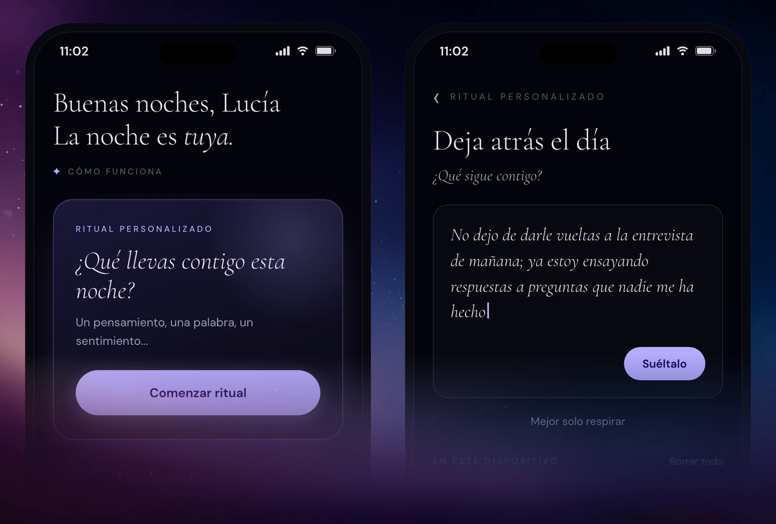 Dos pantallas de la app Tonight, una al lado de la otra: la pantalla de inicio y la pantalla One Thought, donde dejas ir un pensamiento que da vueltas