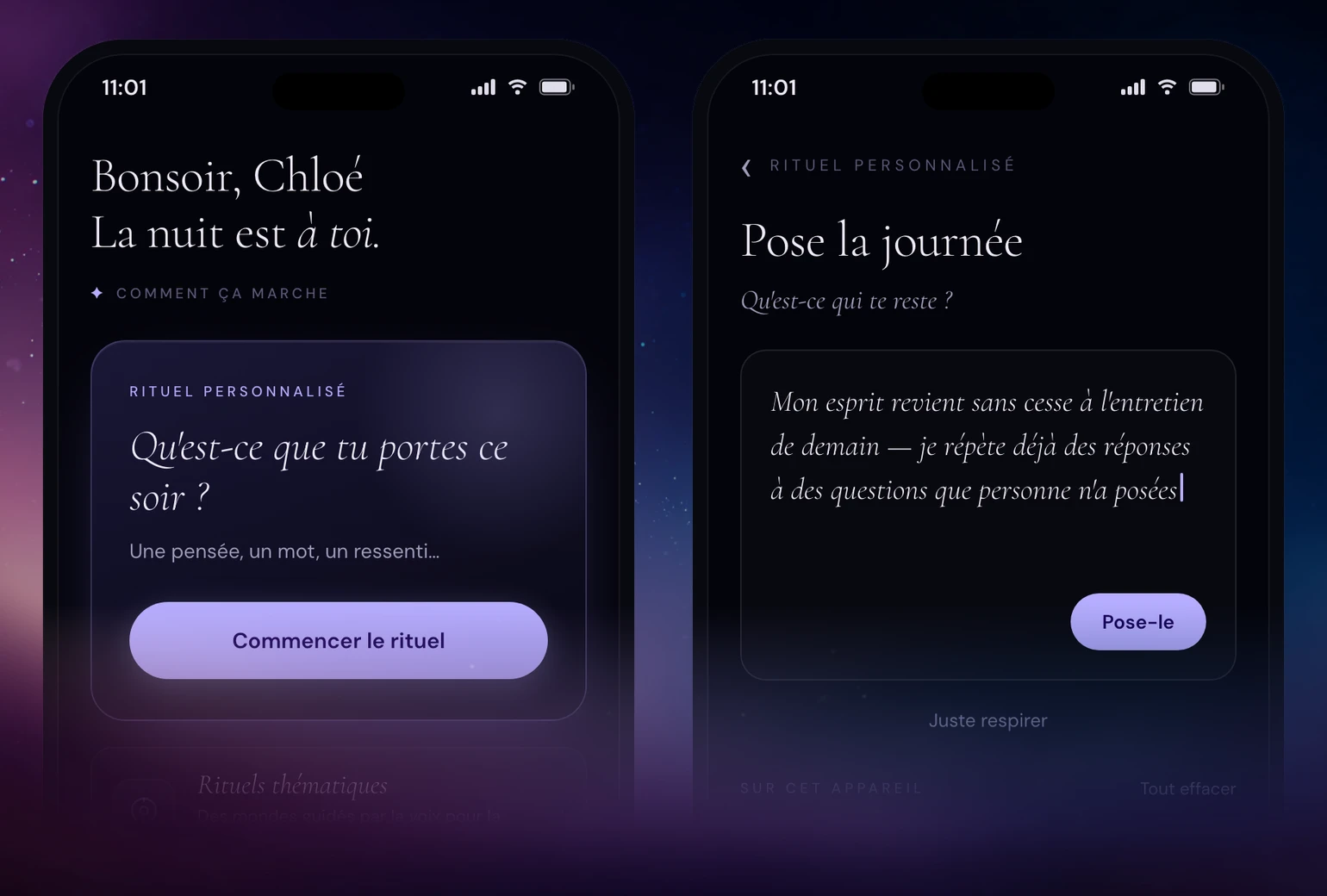Deux écrans de l'appli Tonight côte à côte : l'écran d'accueil et l'écran One Thought où tu déposes une pensée qui tourne en boucle