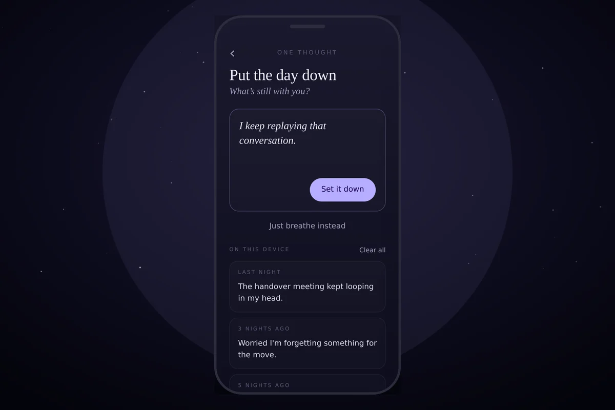 The Tonight app's One Thought screen: a calm, dark interface inviting you to set down a single racing thought before sleep