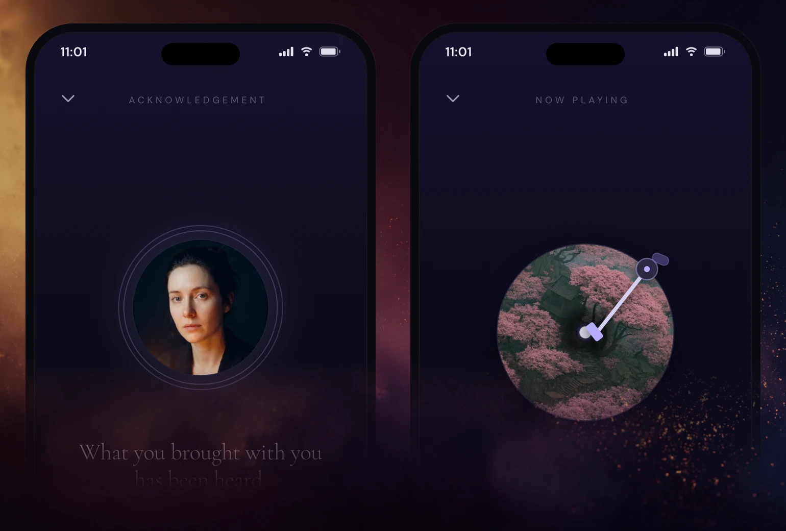 Two Tonight app screens side by side: a whisperer speaking, and a soundscape player