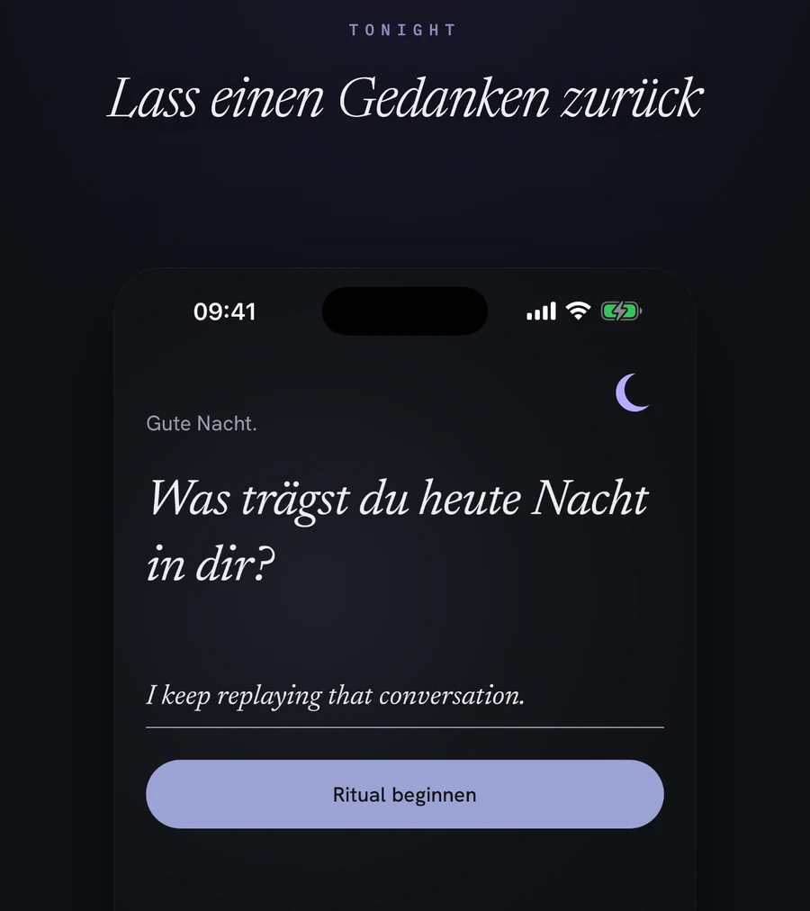 Der One Thought-Bildschirm in Tonight: eine einzige Zeile und ein Button, der das Ritual beginnt