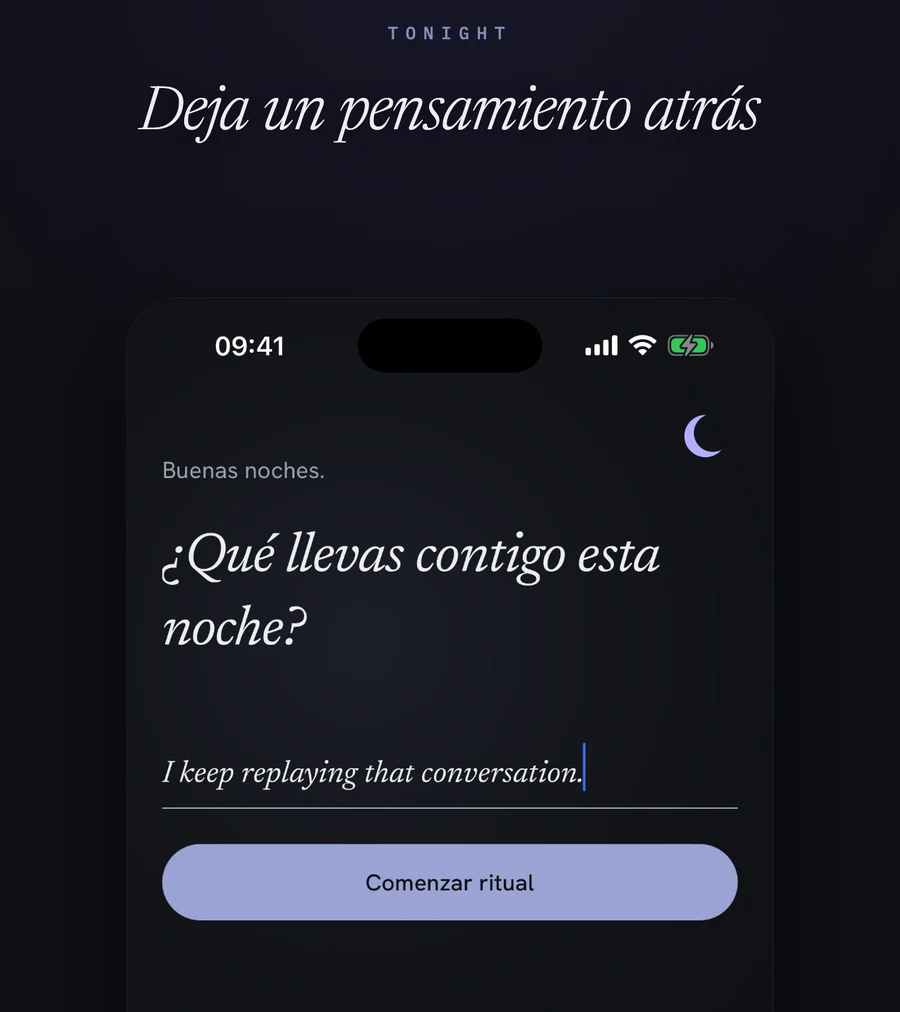 La pantalla de One Thought en Tonight: una sola línea y un botón que inicia el ritual