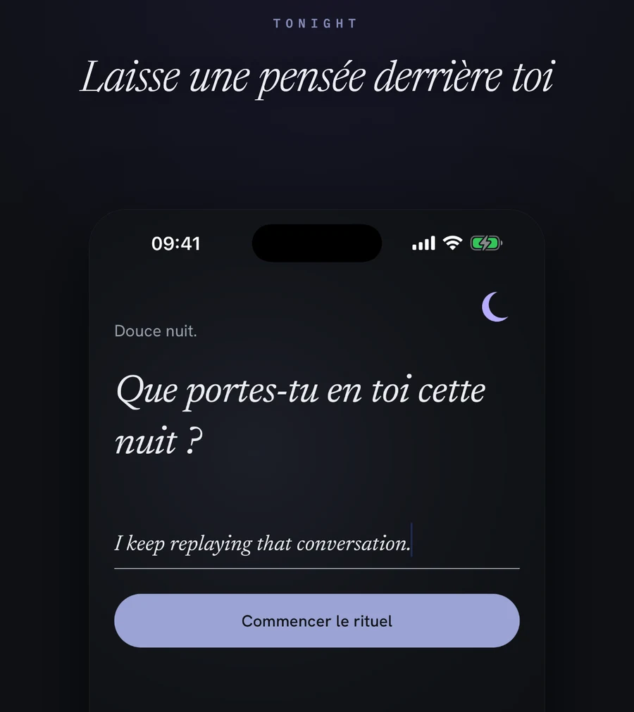 L'écran One Thought dans Tonight : une seule ligne, et un bouton qui commence le rituel