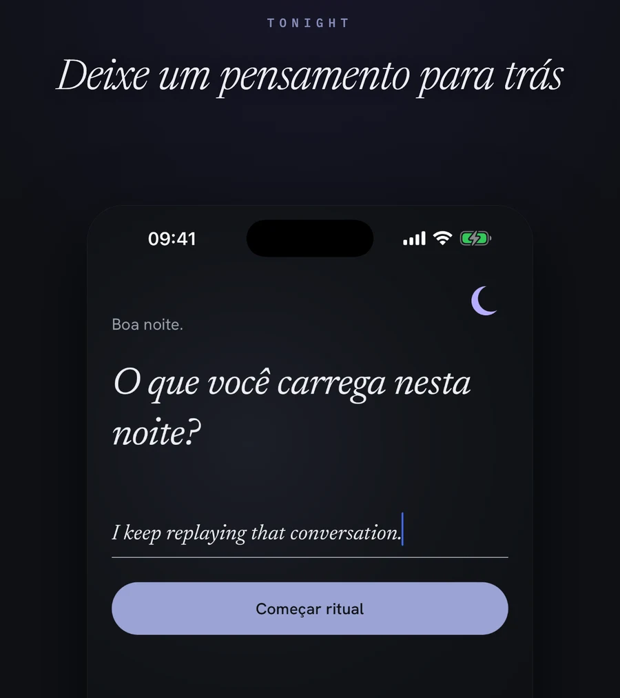 A tela do One Thought no Tonight: uma única linha e um botão que inicia o ritual
