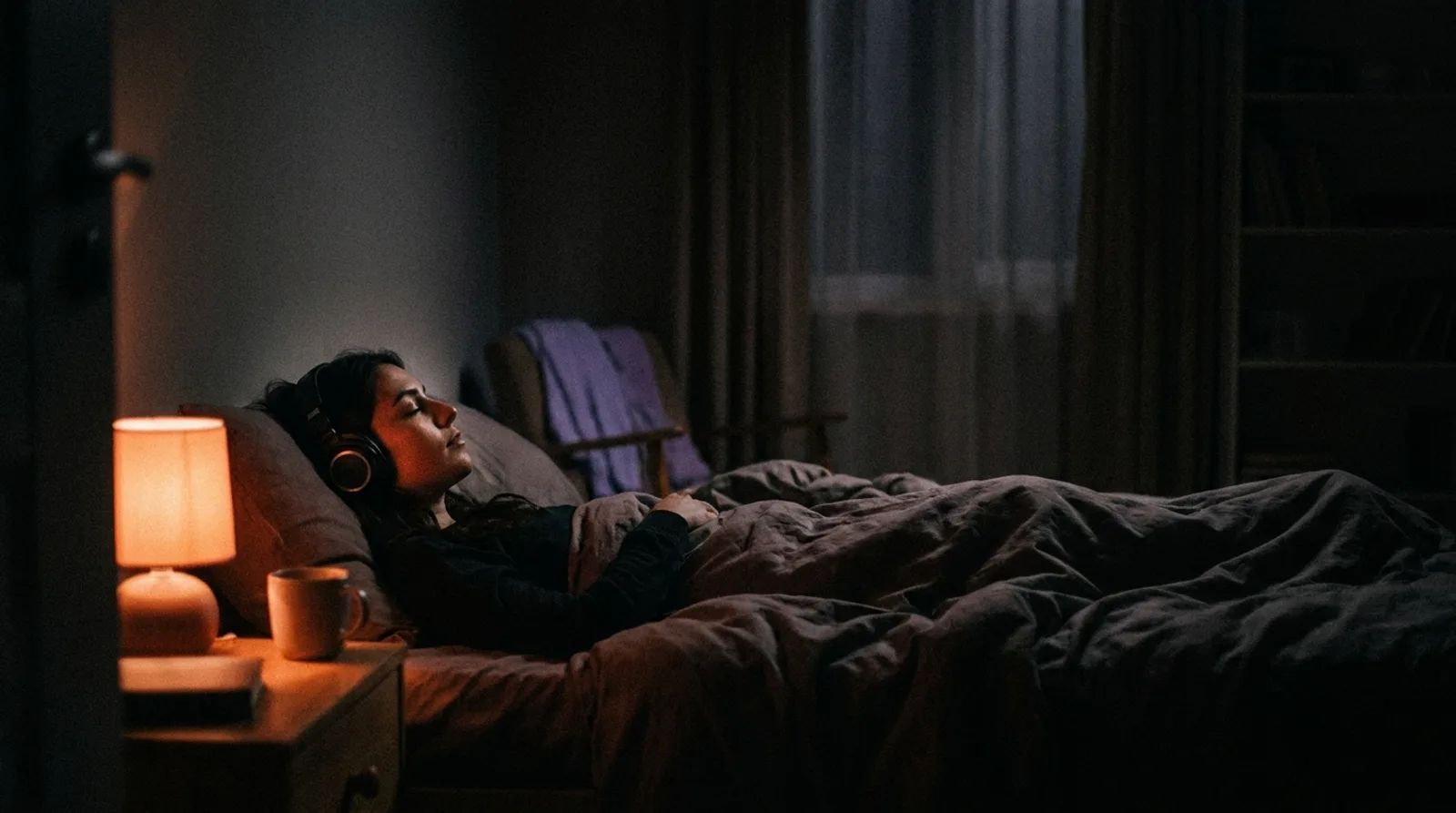 A person lying in bed at night with their eyes closed, wearing over-ear headphones, the room dark but for one warm bedside lamp