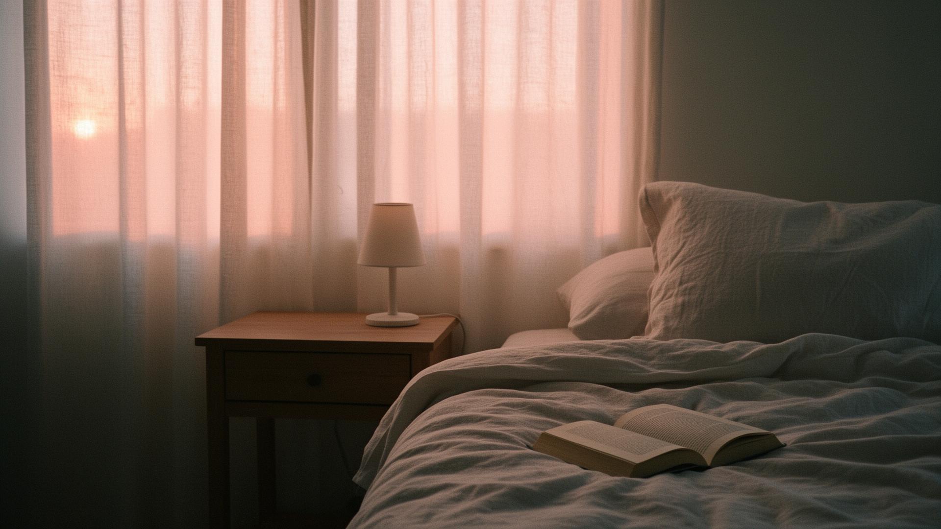 A bright bedroom at sunrise