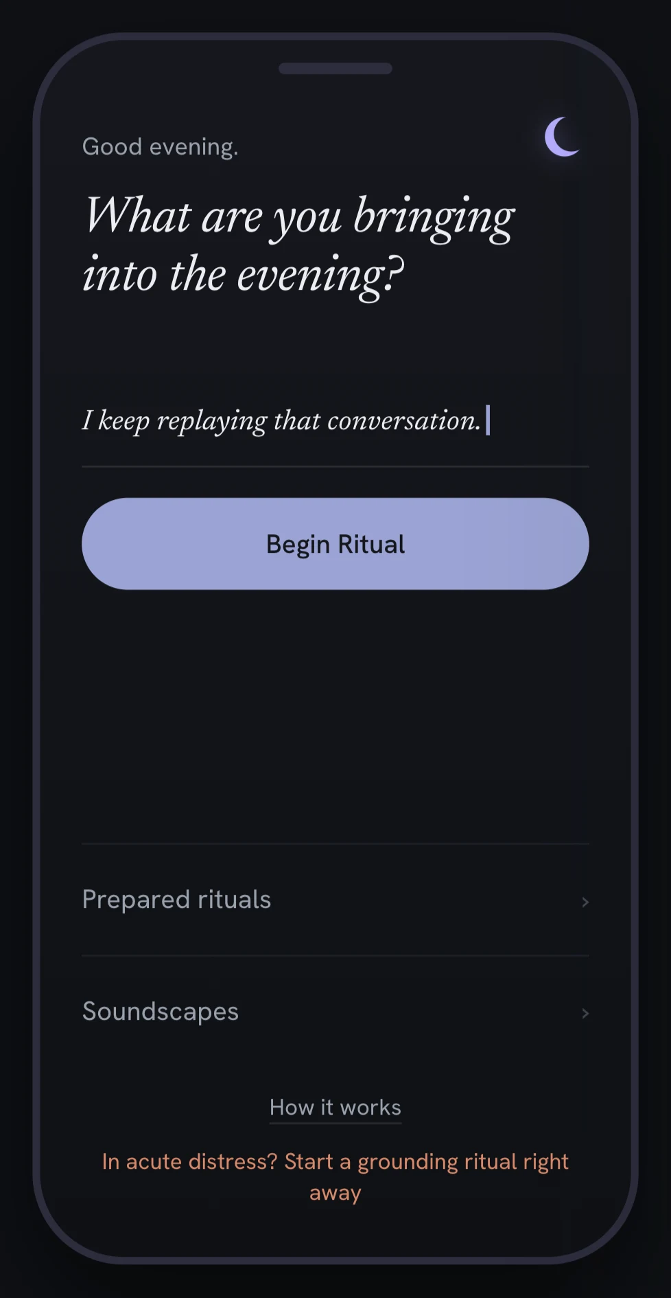 La app Tonight preguntando qué traes contigo a esta noche, con un botón de Iniciar ritual.