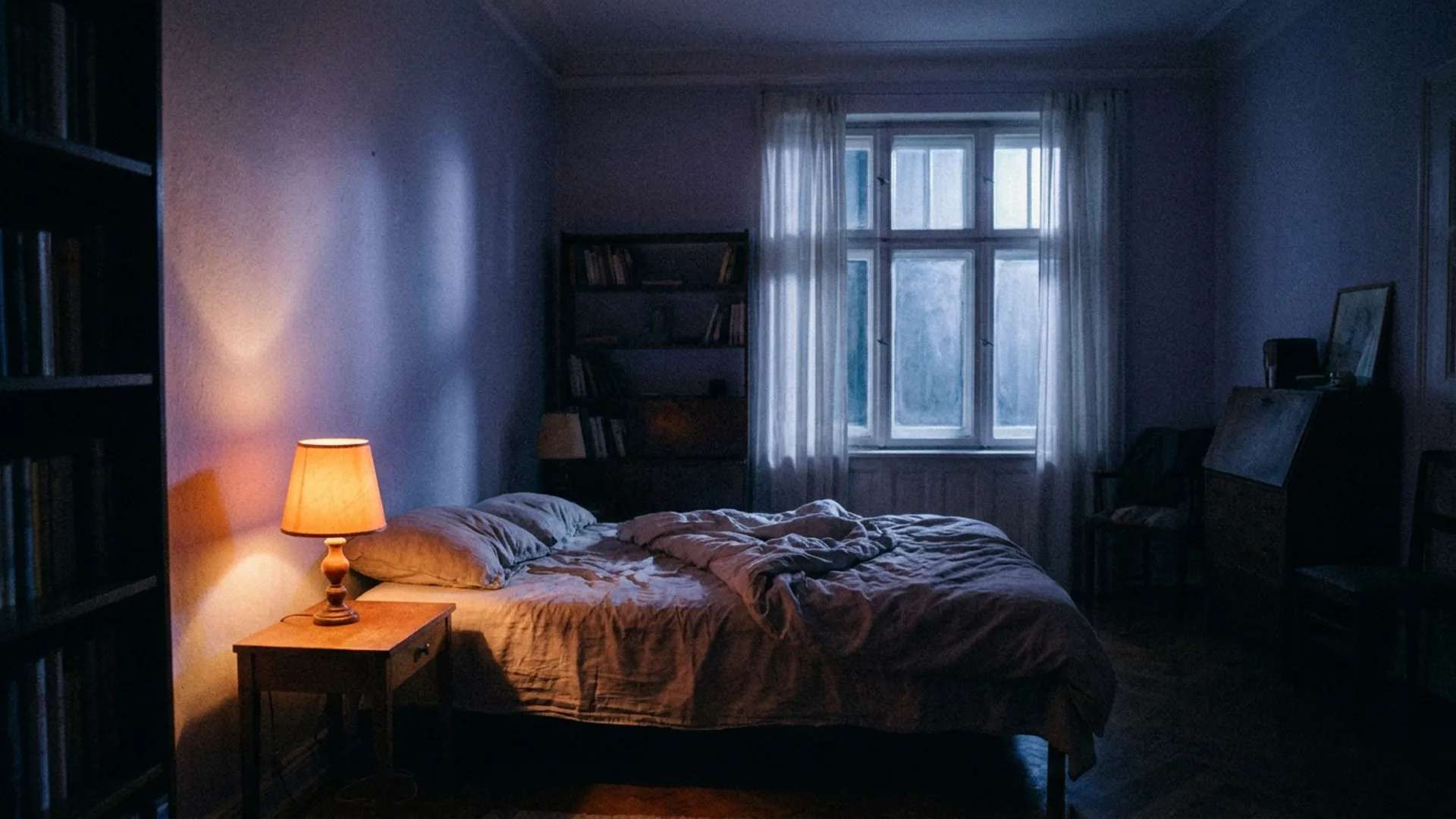 Una habitación oscura de noche iluminada por una sola lámpara cálida de mesa de noche.